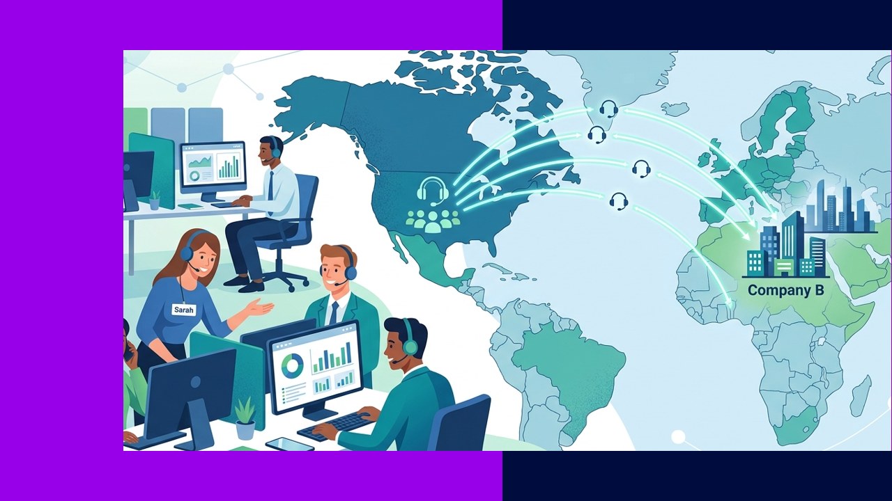 Nearshore call center team supporting a company in a similar time zone across a regional map