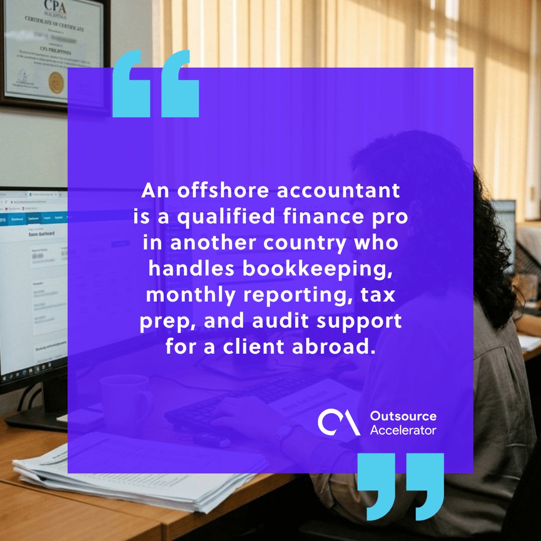 Offshore accountant - Manila-based CPA at dual-monitor desk running Xero and NetSuite for a US client's month-end close