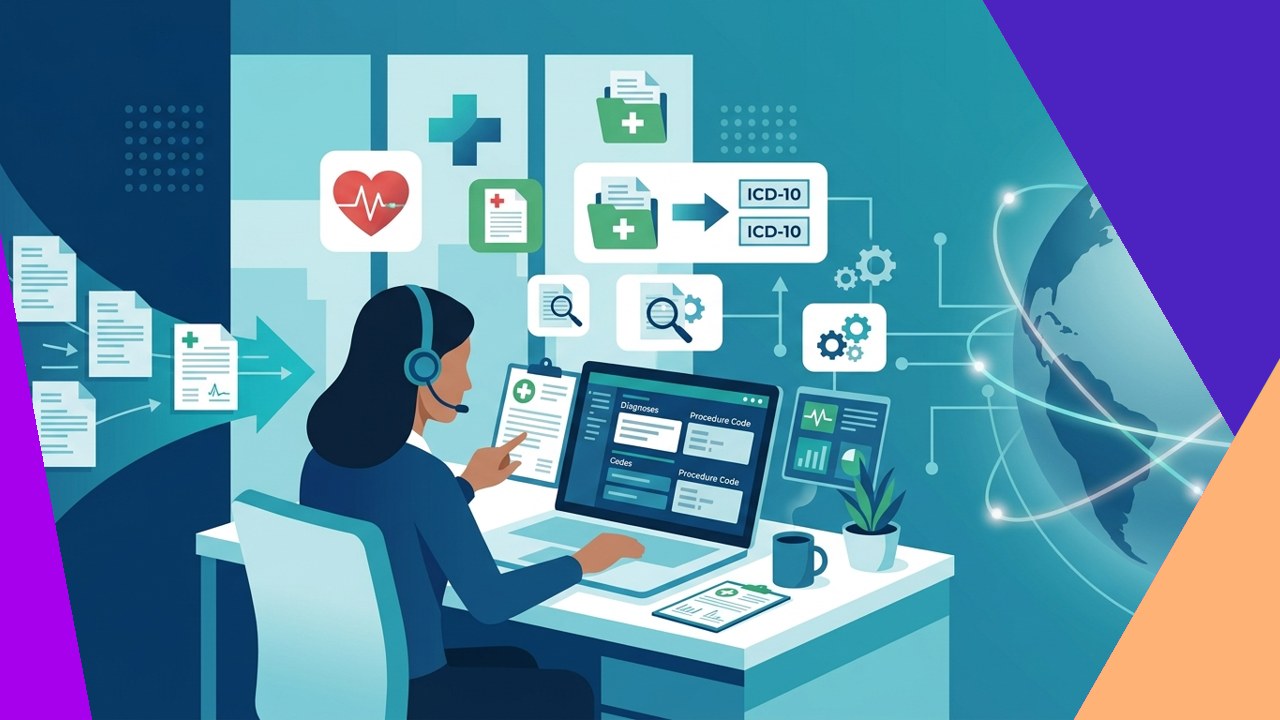 Offshore medical coder assigning diagnostic codes from clinical records on a computer for a healthcare provider