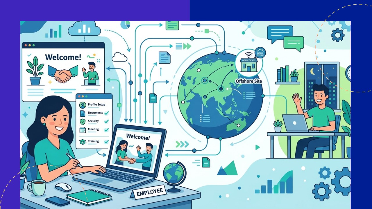 Manager onboarding a new offshore employee remotely with a checklist and video introduction