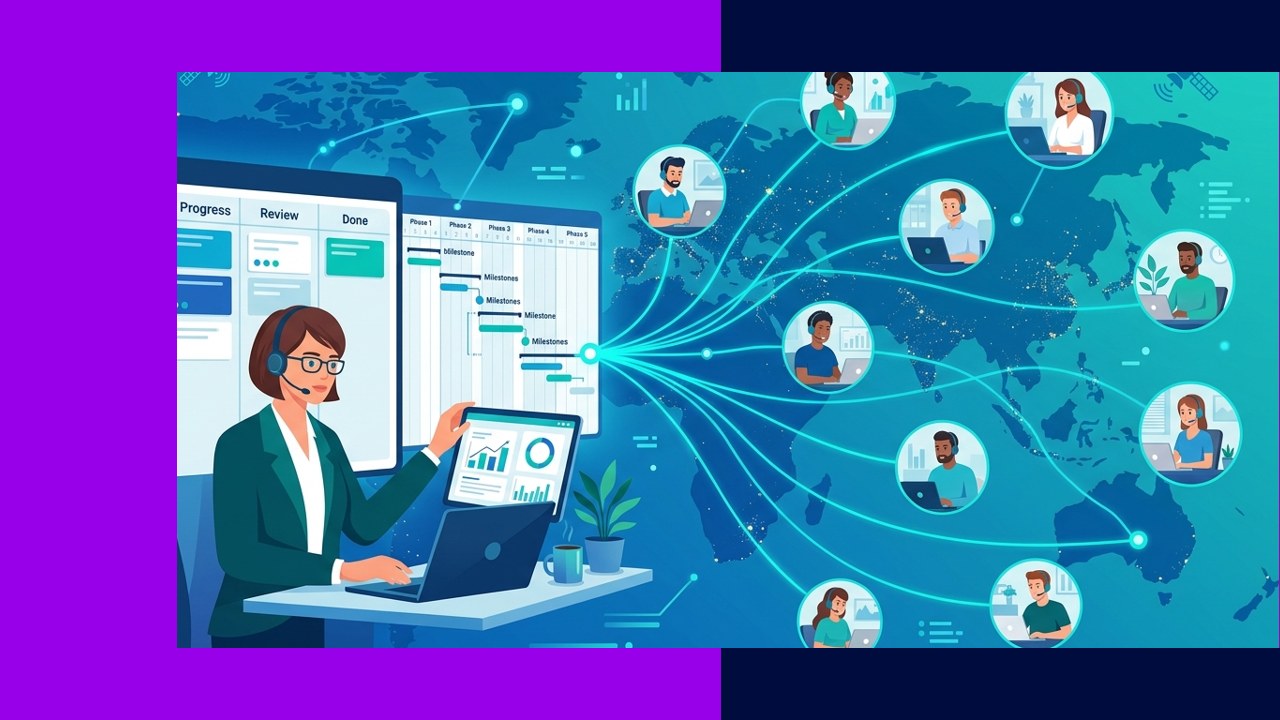 Outsourced project manager coordinating tasks and timelines for a remote team on a dashboard