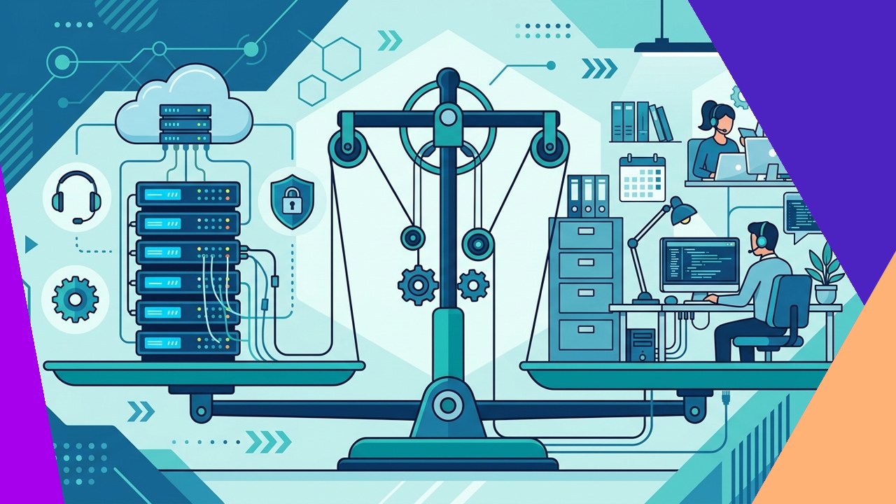 Split illustration comparing an in-house IT team with an outsourced IT support provider
