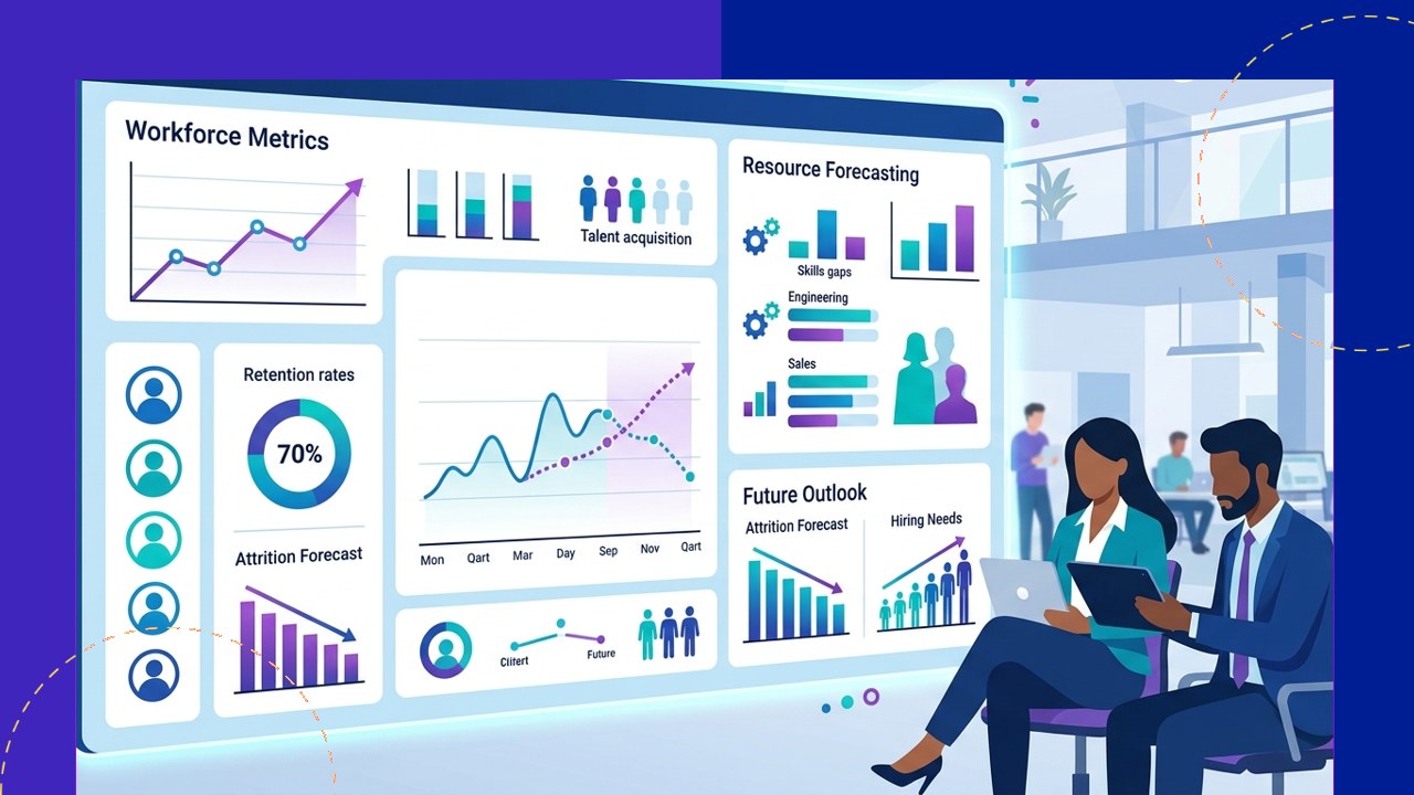 Predictive analytics in HR forecasting attrition and hiring needs on a workforce dashboard