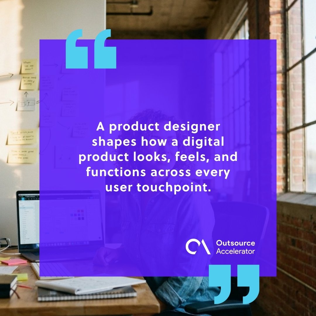 Product designer sketching mobile app wireframes at a laptop showing Figma