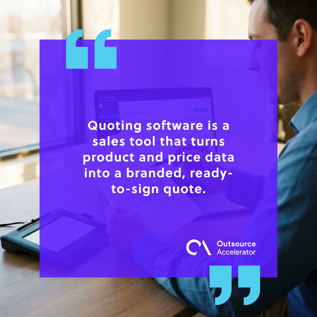 Sales representative at desk holding a branded printed quote next to a laptop showing pricing data