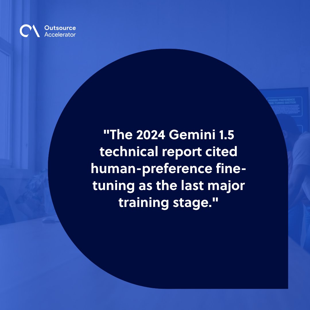 Google DeepMind research team reviewing the Gemini 1.5 technical report open to the human-preference fine-tuning section.