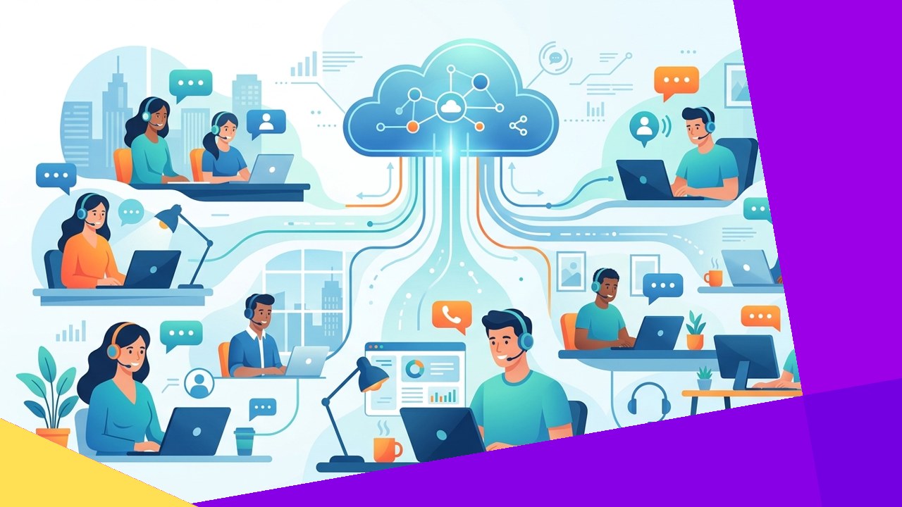 Remote call center team of agents working from home offices connected to one platform