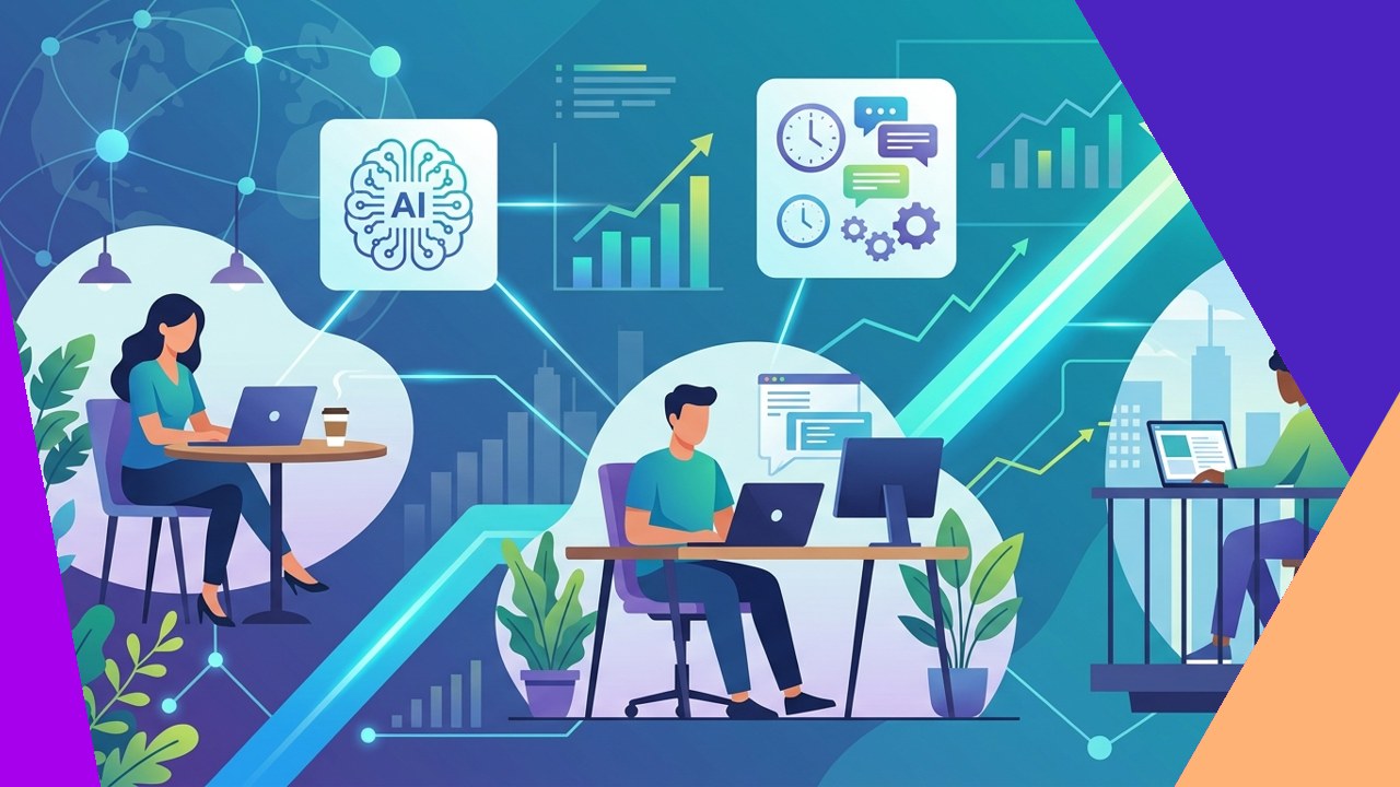 Remote work trends for tech companies concept with distributed workers, data charts, and a rising trend arrow