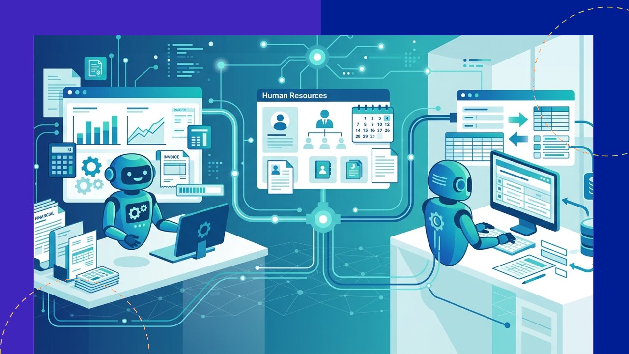 RPA bots handling repetitive back-office operations across finance, HR, and data entry