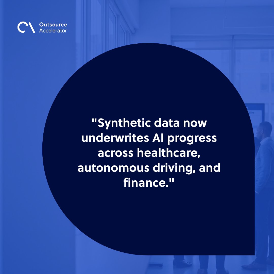 Cross-industry AI team at a modern Manhattan workstation reviewing three synthetic-data pipelines for healthcare, autonomous driving, and finance.
