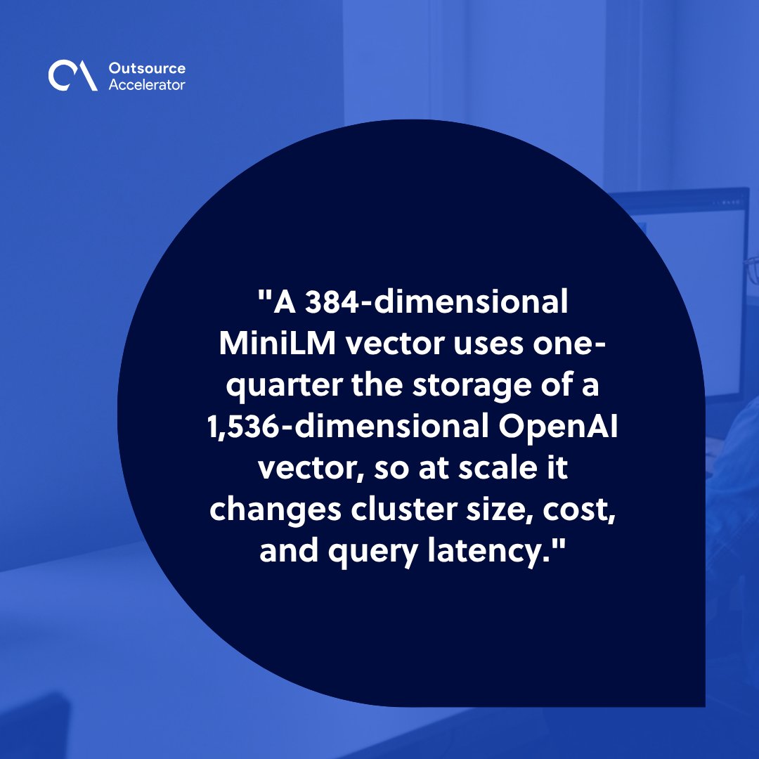 Cloud infrastructure engineer at a workstation comparing a compact MiniLM vector storage block with a much larger 1,536-dimensional OpenAI cluster.