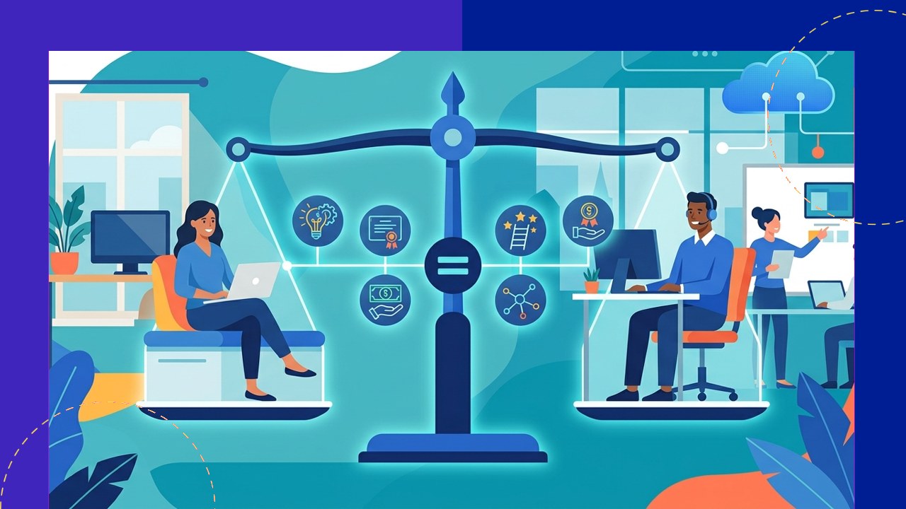 Balance scale comparing fair treatment of remote and on-site staff in a hybrid workplace