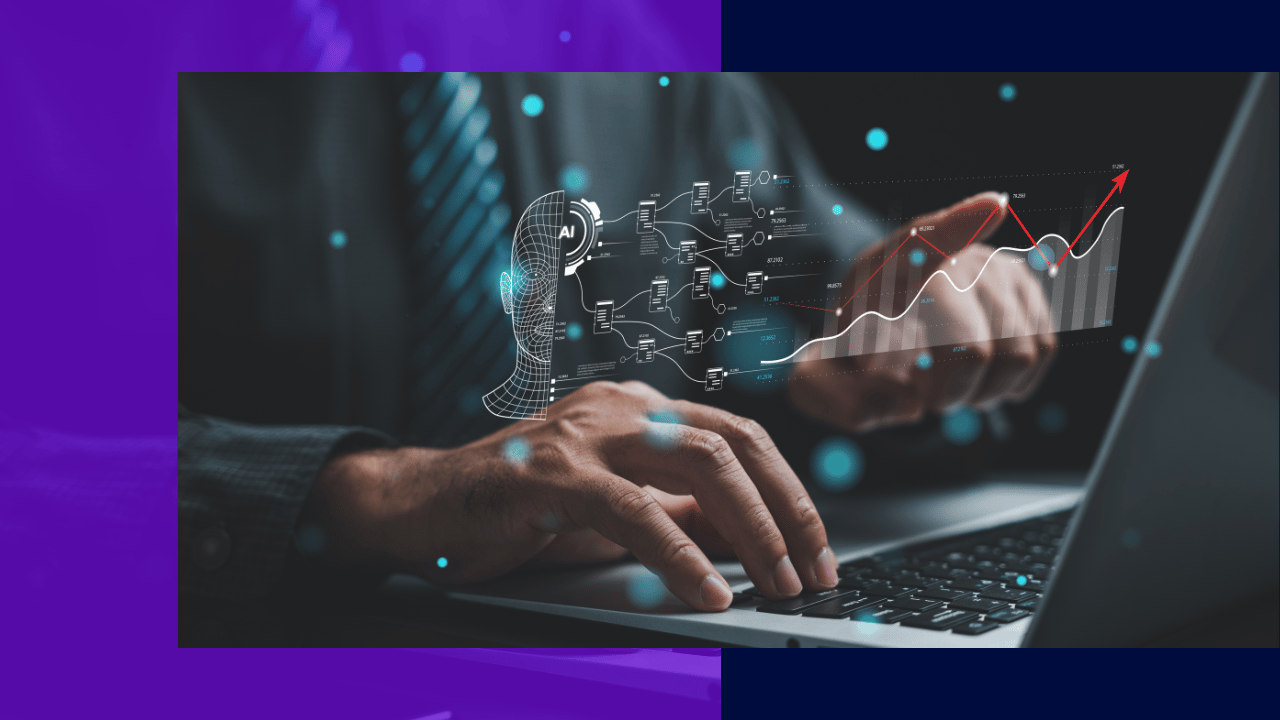 Hand typing on a laptop with an AI data-flow diagram and a rising red trend line overlay, purple frame background.