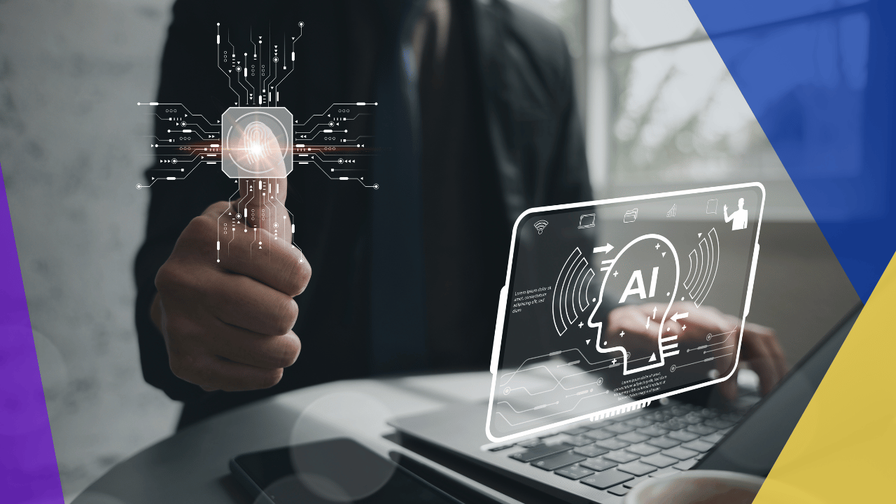 Man in a dark suit holding up a fingerprint-chip icon while a wireframe AI head display floats from a laptop beside him.