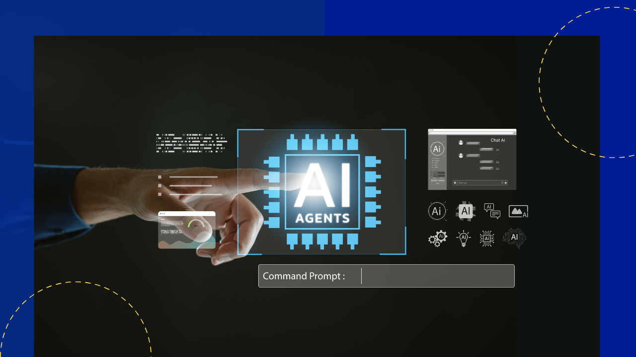 Hand pointing at a floating AI Agents chip icon beside a chat interface mockup and a command prompt bar, dark tech-themed background.