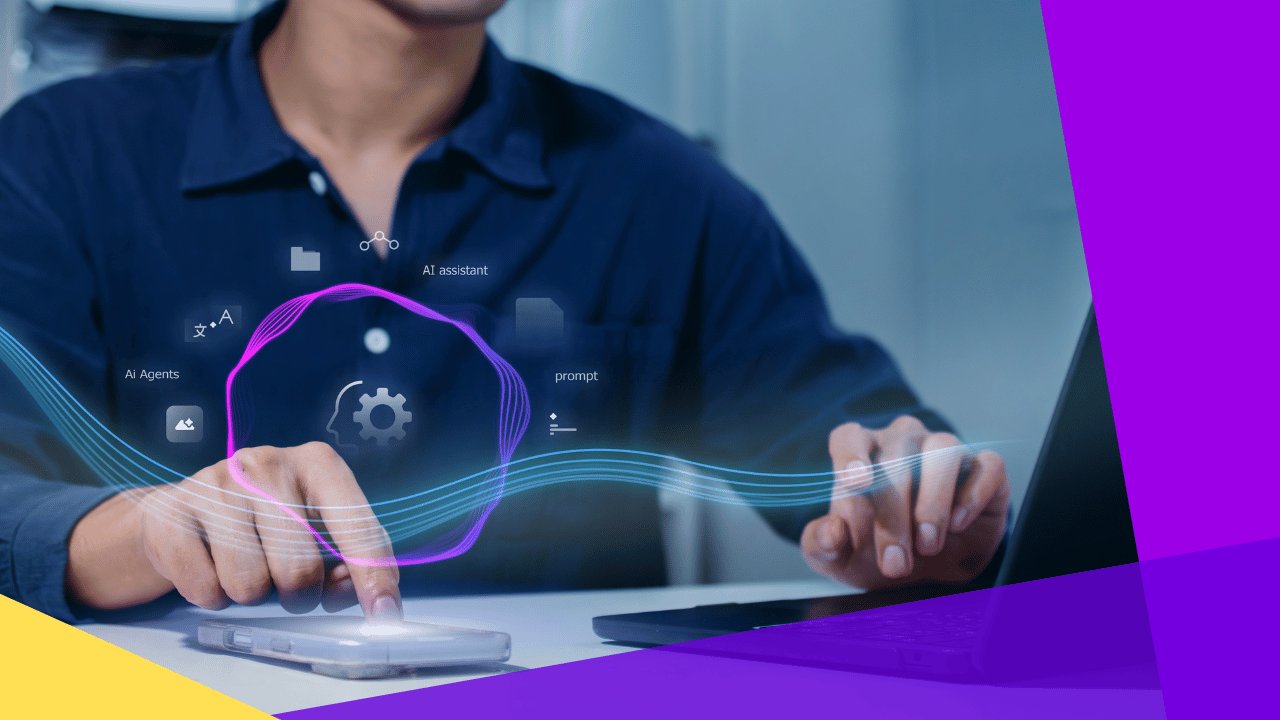 Person in a navy shirt touching a smartphone as icons labelled AI Agents, AI assistant, and prompt hover above the desk.