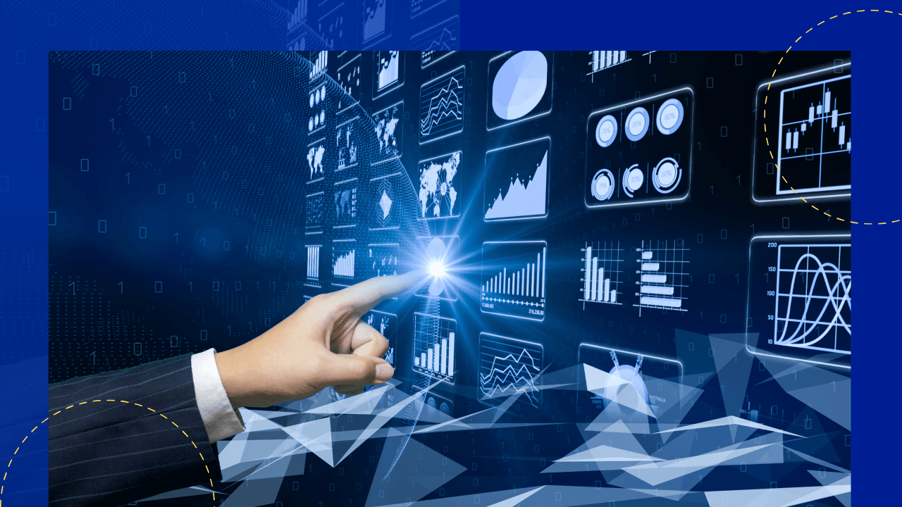 Man in a suit touching a glowing AI hologram on a wall of data dashboards, blue accent frame with dashed circles around the photo.