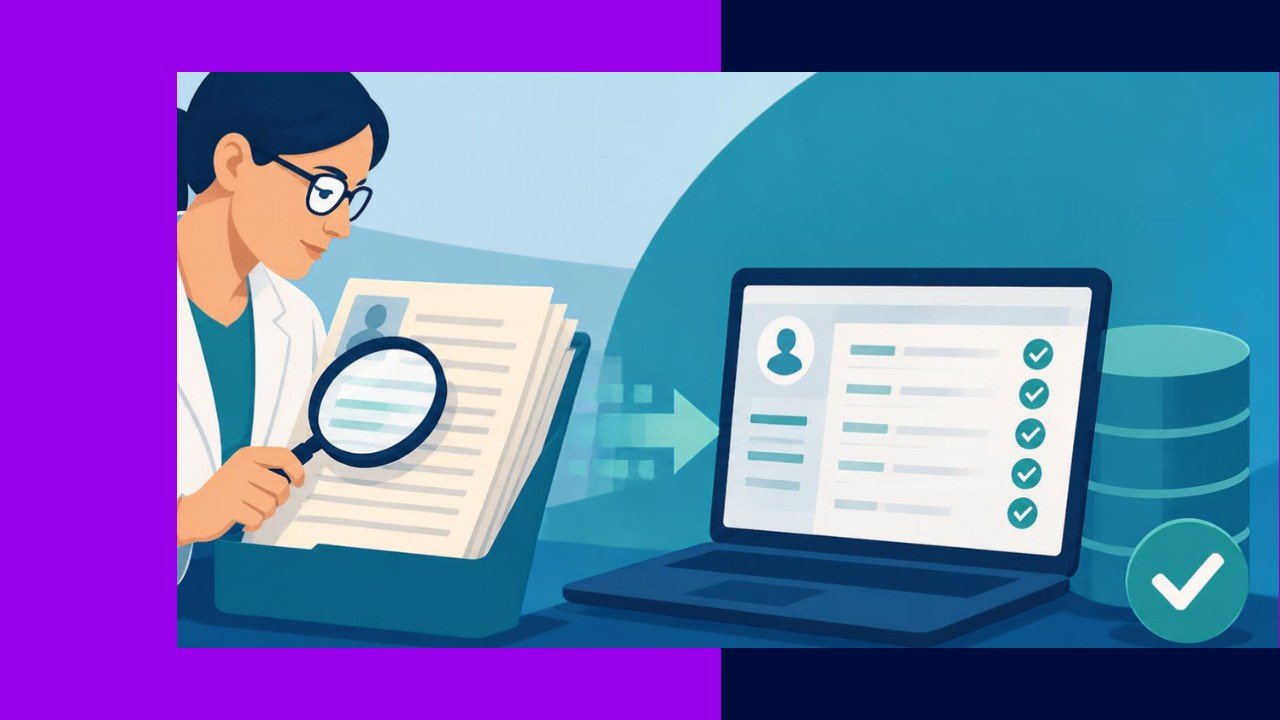 Chart abstraction specialist extracting clinical data from medical records into a system