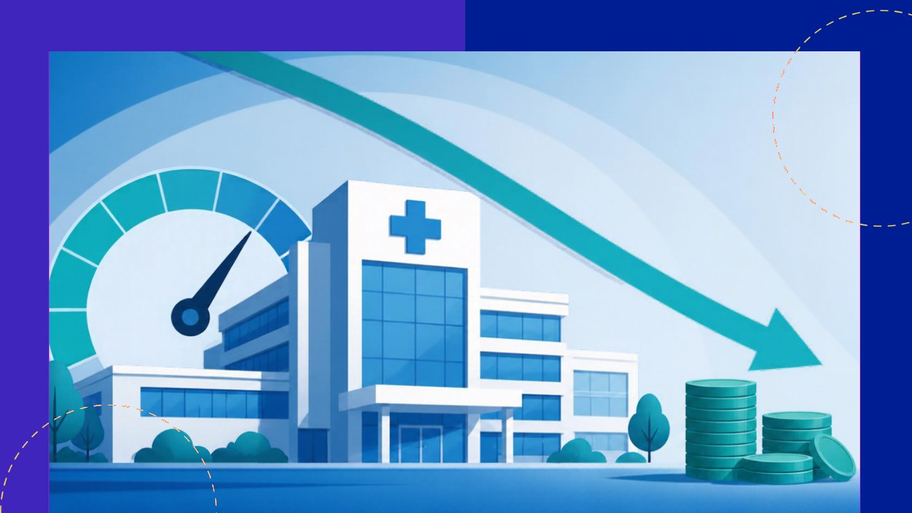 Cost reduction in healthcare operations shown as a falling cost curve over a hospital workflow