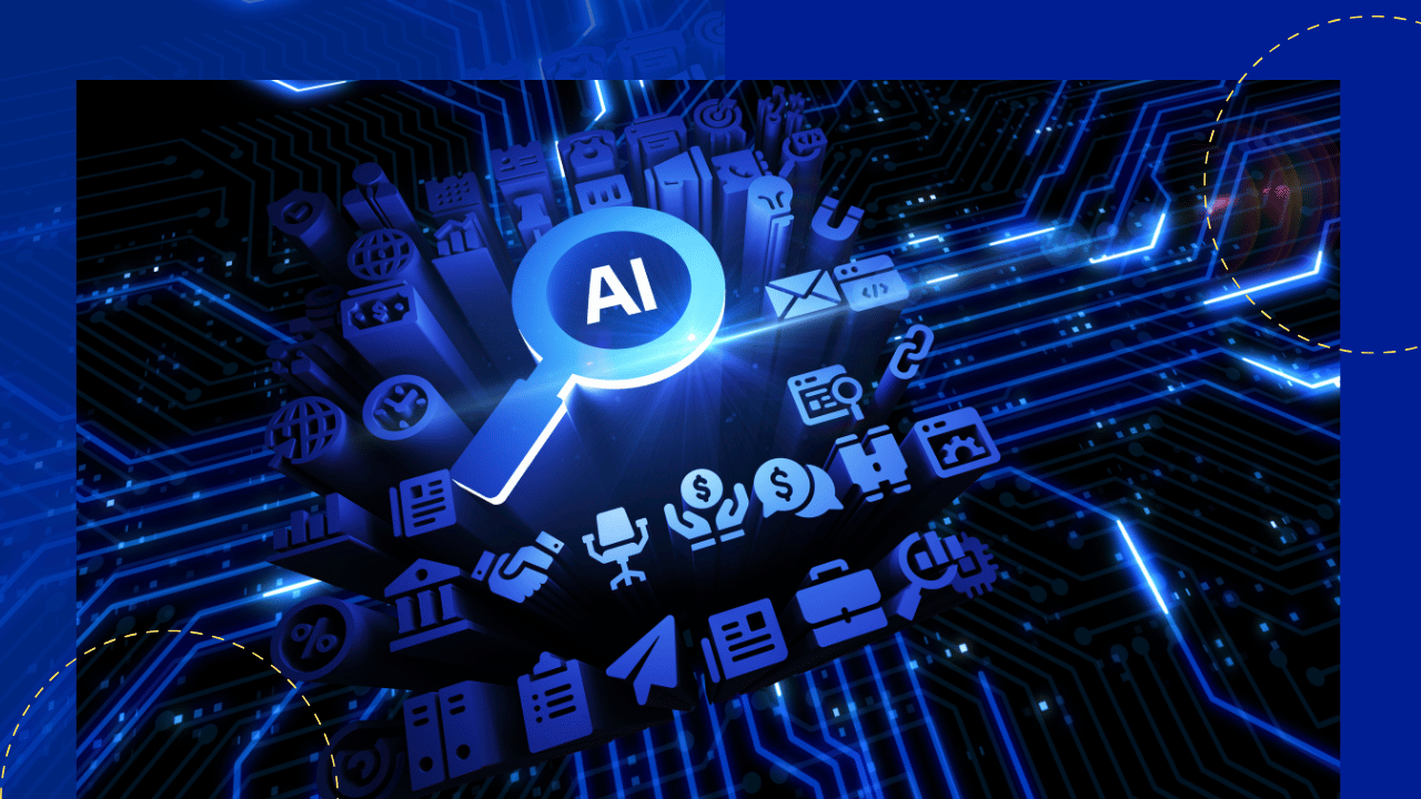 Magnifying glass labelled AI over a dark circuit board ringed by business icons for finance, mail, documents and deals.