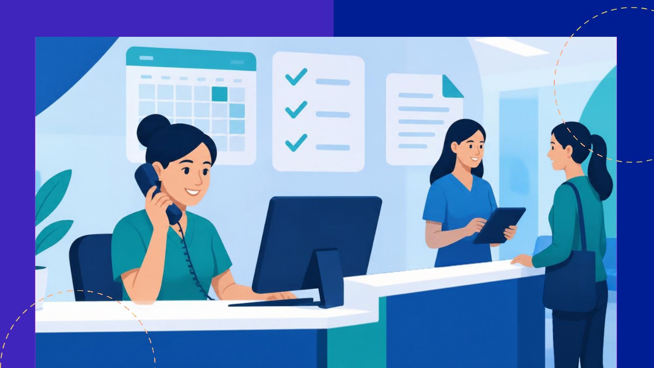 Healthcare administrative support staff handling scheduling, intake, and records for a clinic