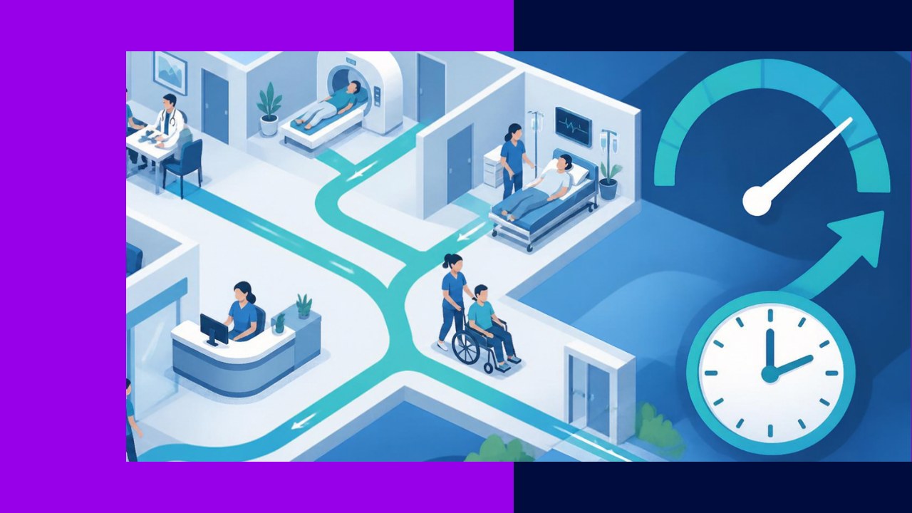 Healthcare operational efficiency with streamlined patient flow and an upward performance gauge