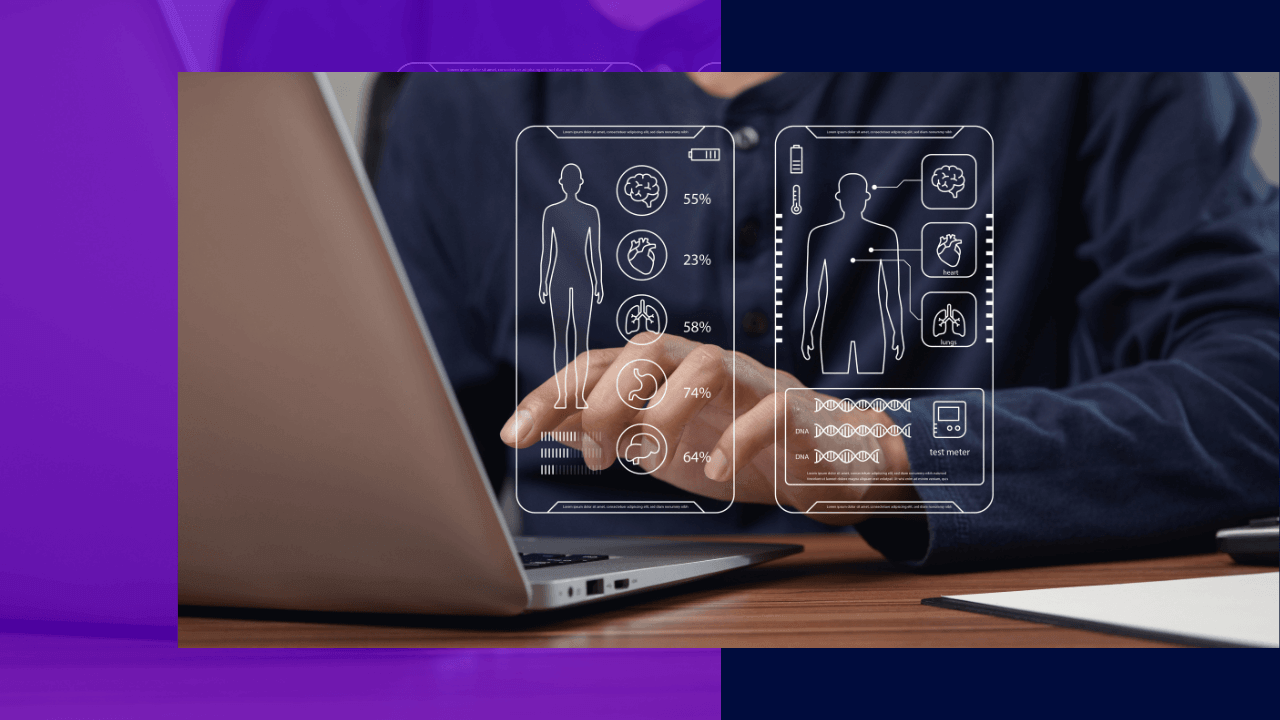 Hands typing on a laptop with floating holographic body diagrams showing brain, heart, and lung percentages, purple and navy accent panels.