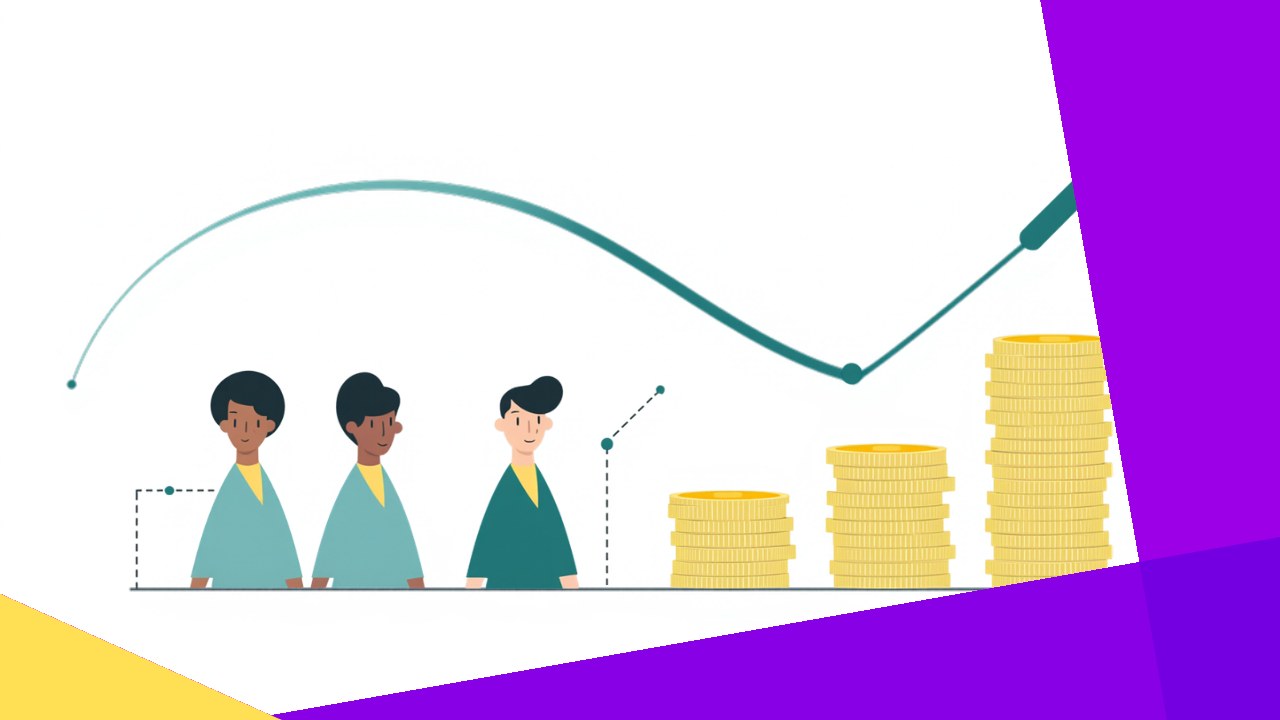 Labor cost savings shown as a falling cost curve alongside a productive distributed team