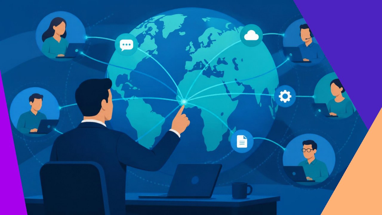 Manager coordinating an offshore team with clear communication and shared tools