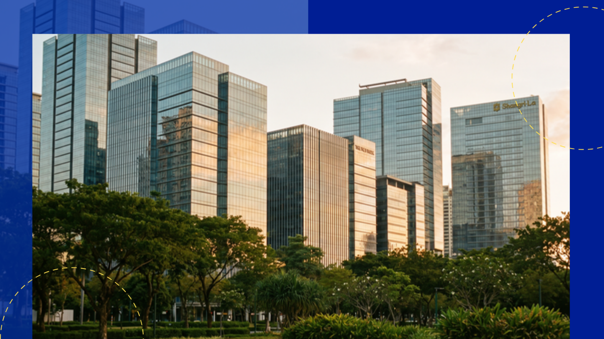 Manila BGC financial district skyline at golden hour with foreground park trees