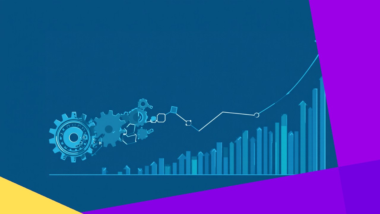 Operational efficiency improvements shown as streamlined processes and an upward performance gauge