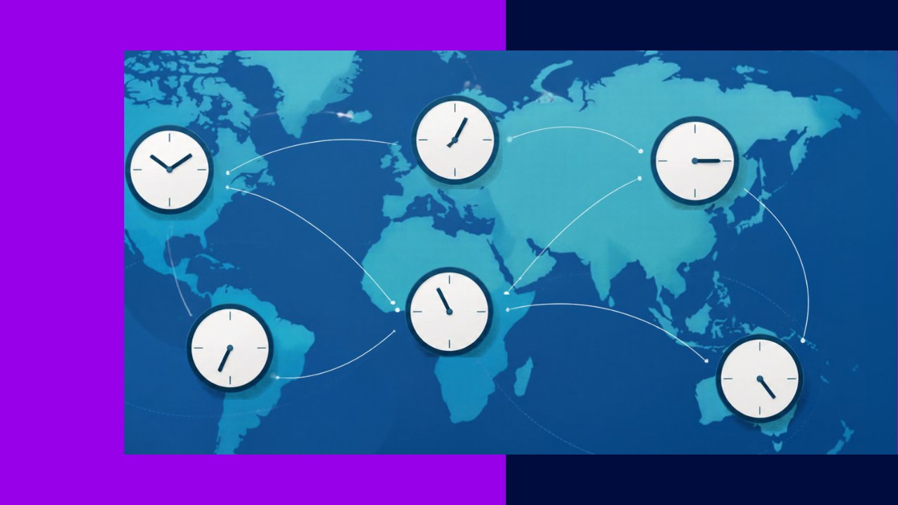 Time zone management coordinating a distributed team across a world clock map