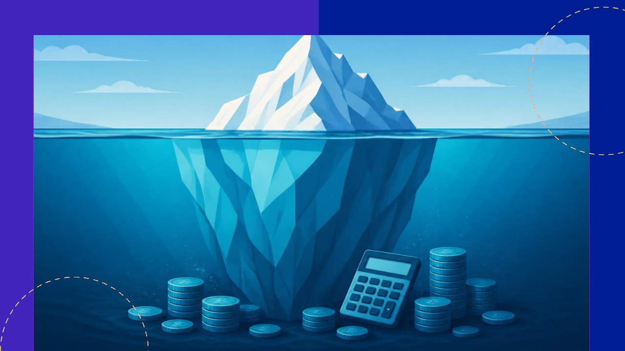 Total cost of ownership breakdown of direct and hidden costs on a finance dashboard
