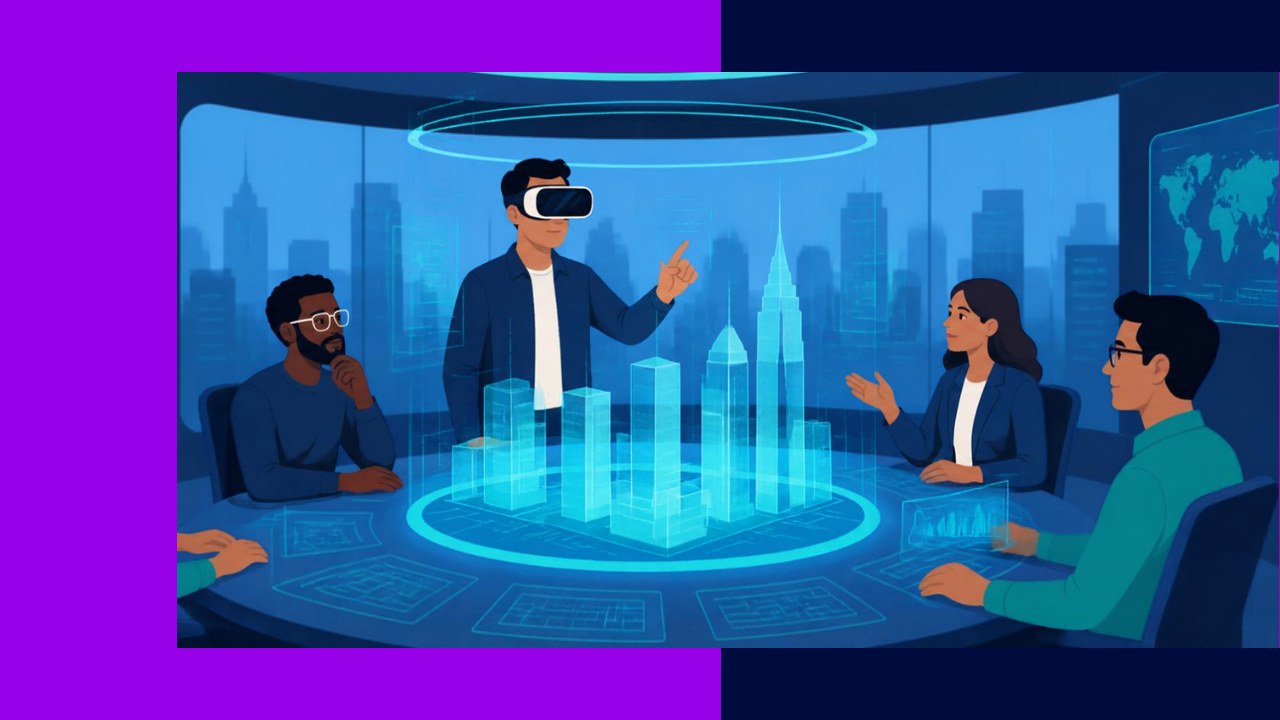 Virtual reality meeting room with avatars collaborating around a shared 3D space