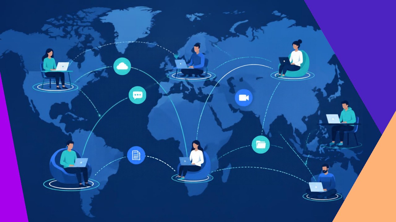 Decentralized workforce distributed across locations connected by digital tools