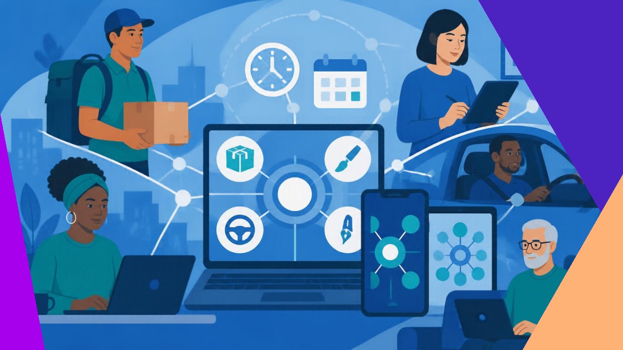 Gig economy workforce of freelancers and on-demand workers connected to a platform