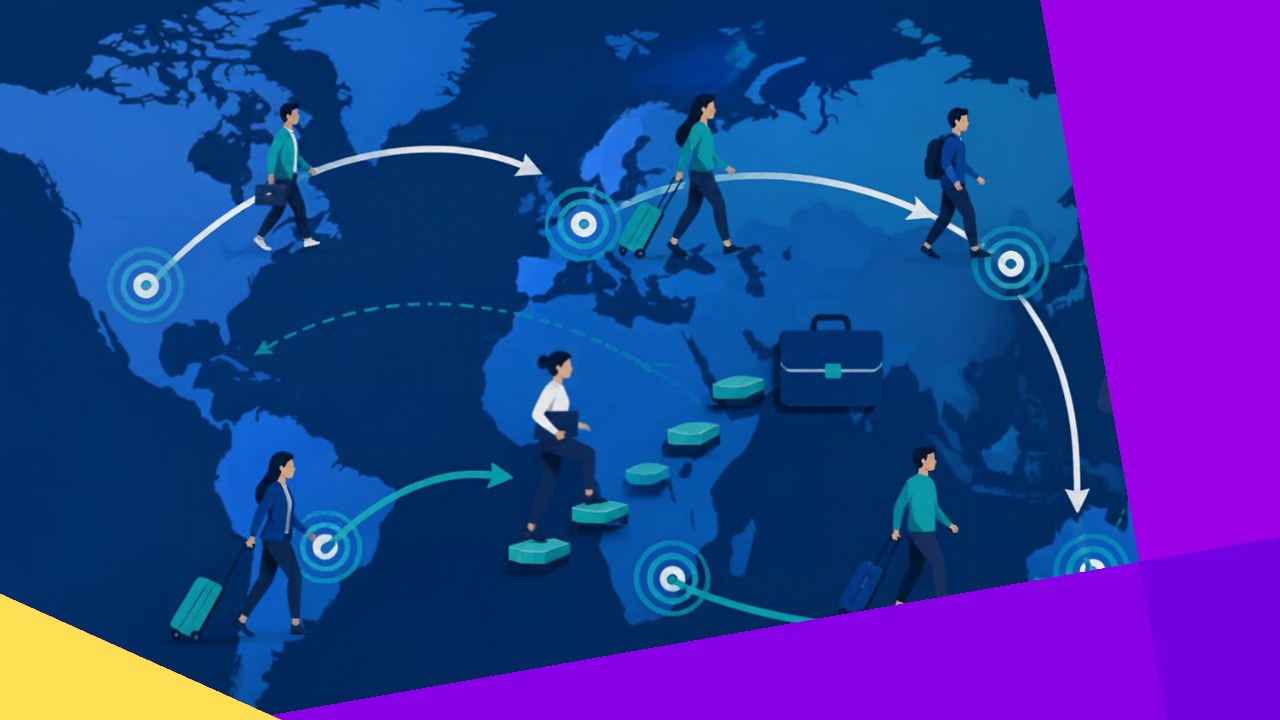 Global talent mobility moving employees across roles and countries on a world map