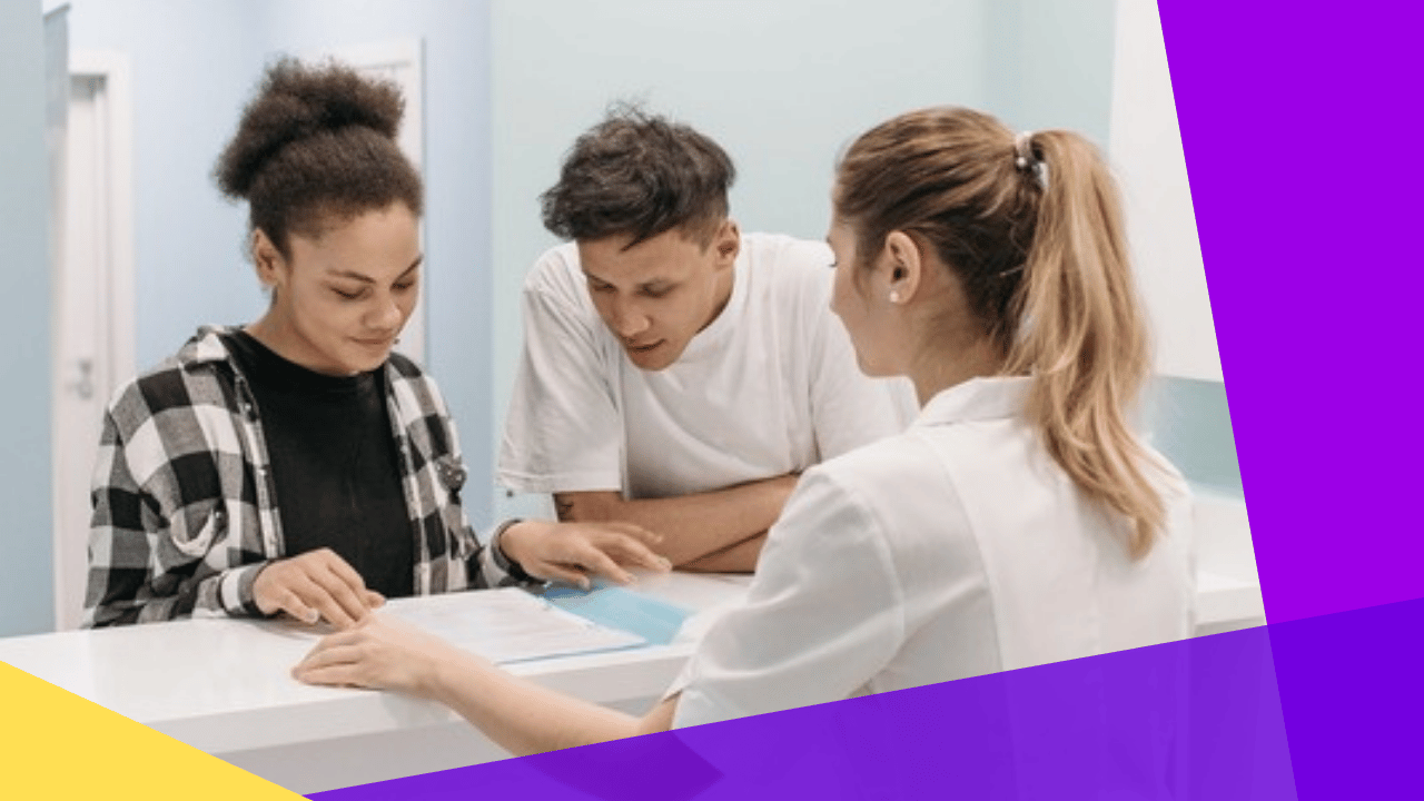 healthcare appointment scheduling - receptionist helping two patients at a hospital front desk