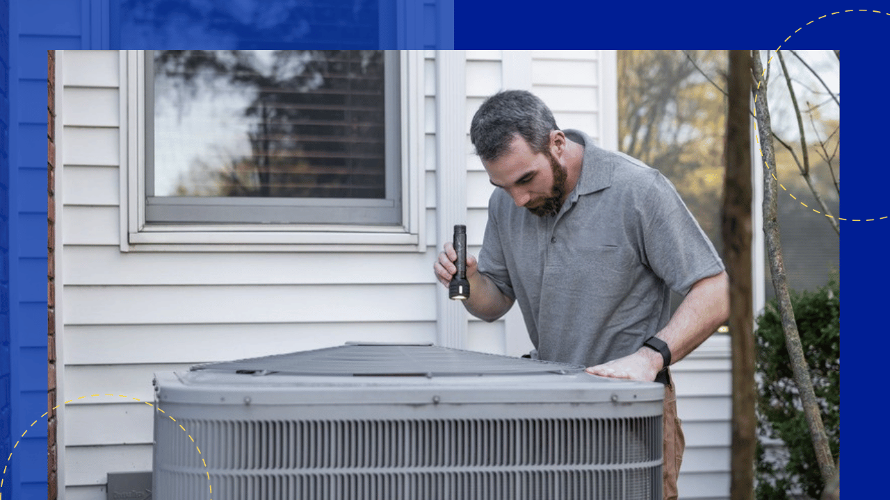 home warranty customer service - a technician inspecting an outdoor air conditioning unit at a home