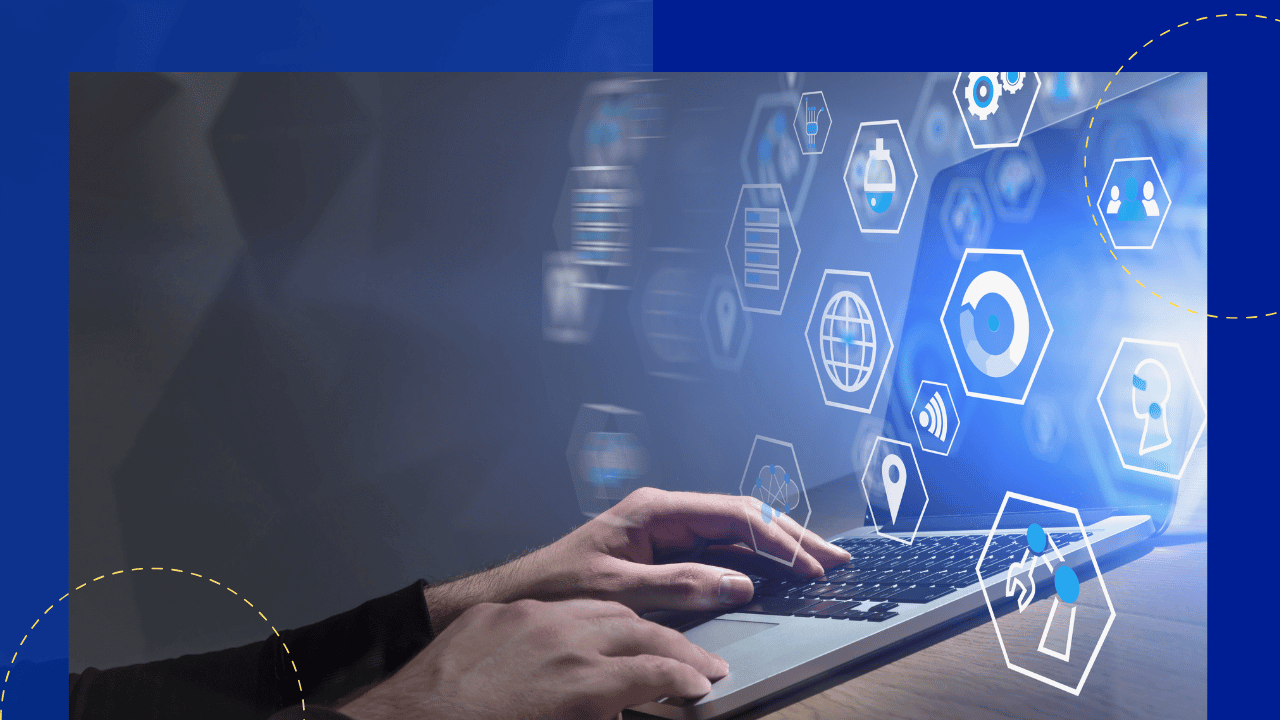 Hands typing on a laptop under floating hexagon icons for data, cloud, location and security, cool blue light.