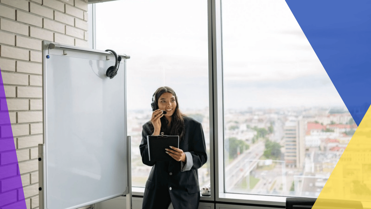 outsourced call center onboarding - agent on a headset standing by an office window