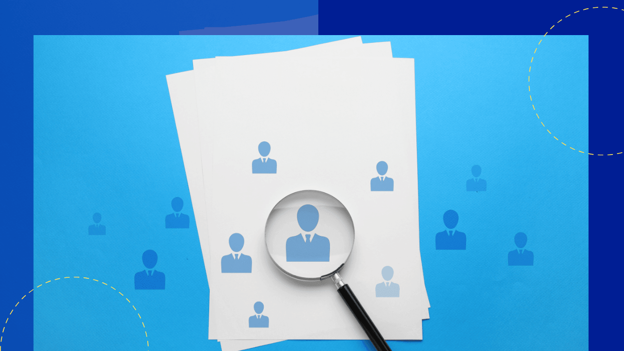 Magnifying glass over a white sheet printed with person icons, more person icons scattered on a light blue surface.